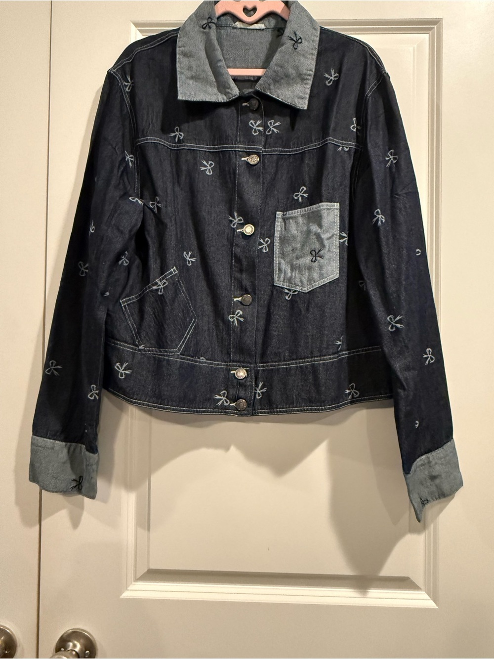 Embroidered Dark Blue Denim Jean Jacket with Contrast Trim